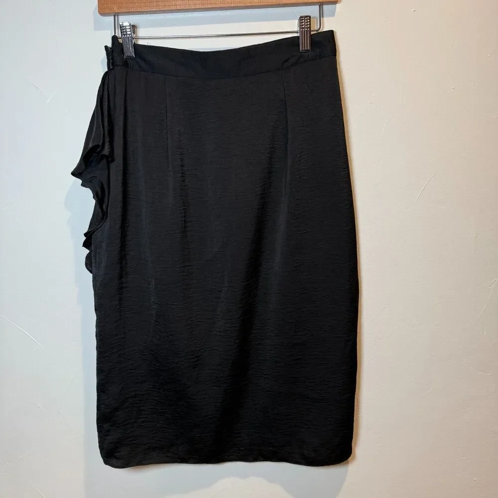 Belle Badgley Mischka Skirt Black Ruffle High Waist Pencil Skirt Size 4 *TEAR*